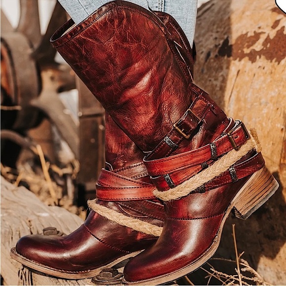 Freebird by Steven Drove Leather Riding Boot Braided Twine Buckles Rare Red 6‎